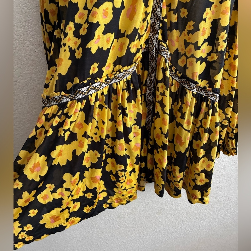 Free People Yellow and Black Tiered Sundress with Bishop Sleeves M - Picture 7 of 16